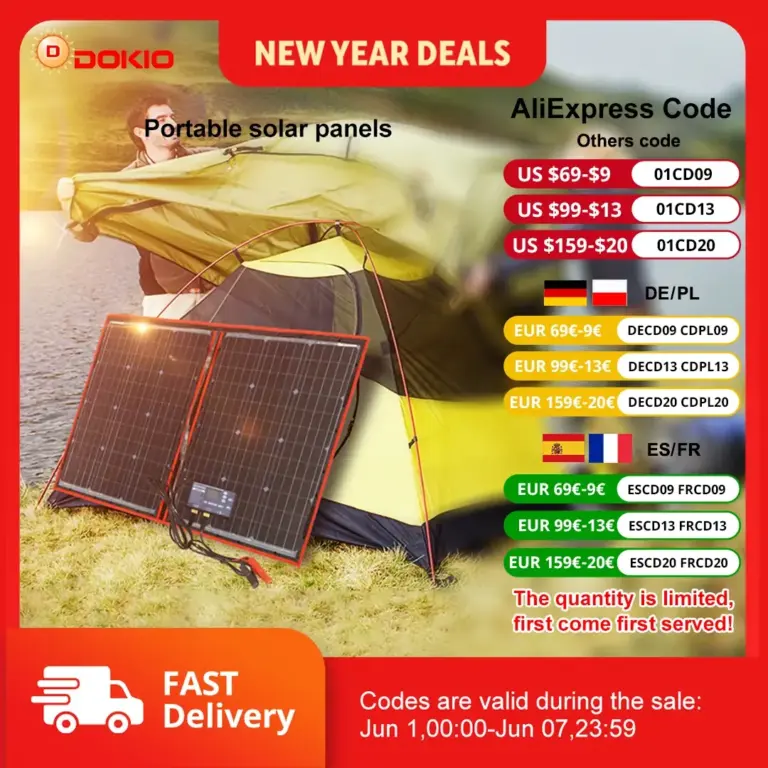 Снимка на wiki Dokio 18V Сгъваем соларен панел Dokio 18V 97W 150W 195W 295W с 12V контролер - характеристики и ревю от AliExpress